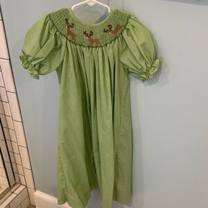 Smocked Green Gingham Dress with Deer Embroidery